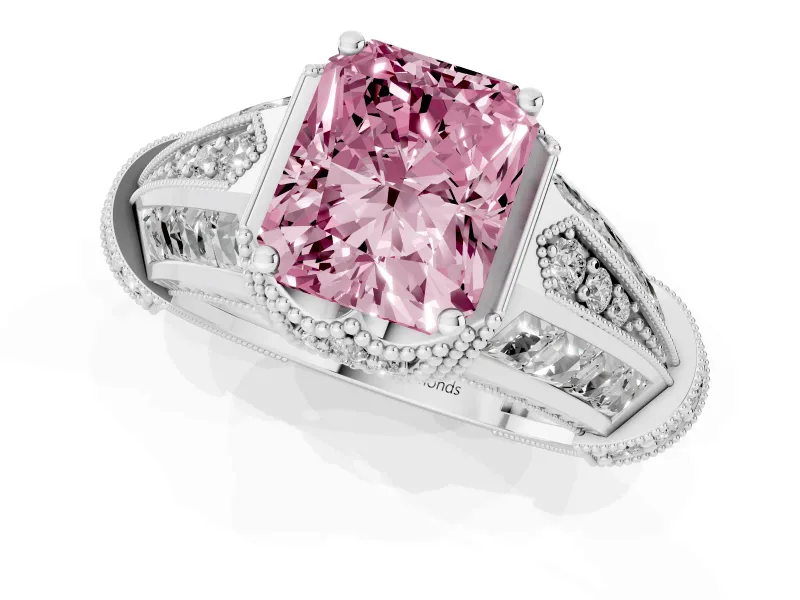 Fancy Pink Radiant Cut Diamond Vintage-Inspired Milgrain Ring Set in Platinum with Accent Split Shank