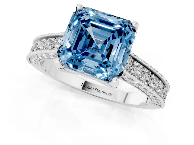 Asscher Cut Hidden Halo Engagement Ring Setting for a Fancy Blue Lab-Grown Diamond | Milgrain Pave | Platinum
