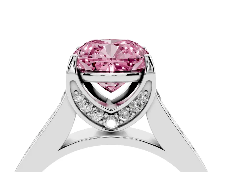 Fancy Pink Cushion Cut Diamond Solitaire Pavé Engagement Ring Set in Silver with Prong Setting