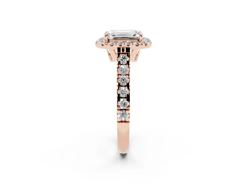 Emerald Cut Halo Engagement Ring Setting | Shared Prong Shoulders | Rose Gold