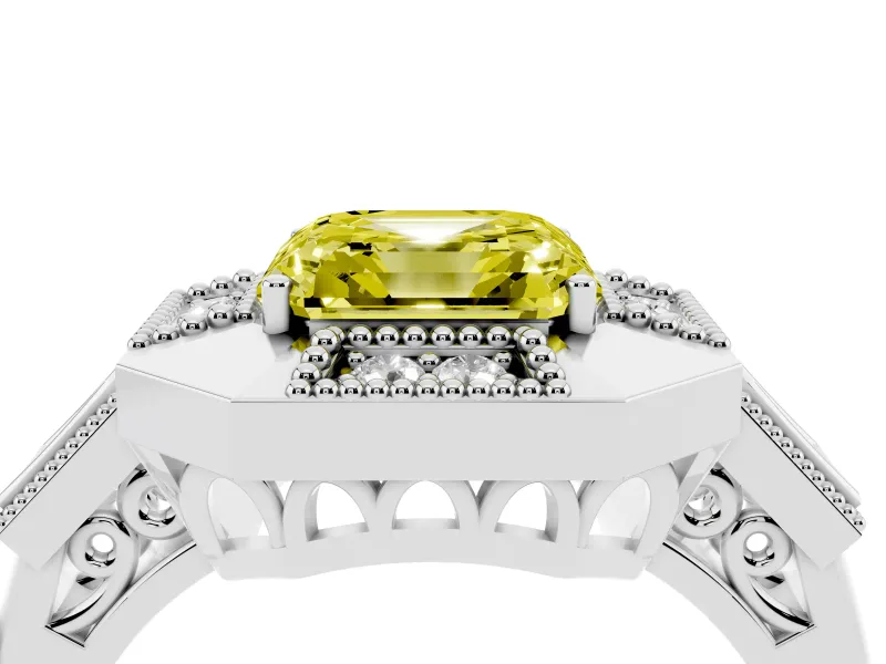 Fancy Yellow Asscher Cut Diamond Milgrain Halo Ring Set in White gold with Split Shank