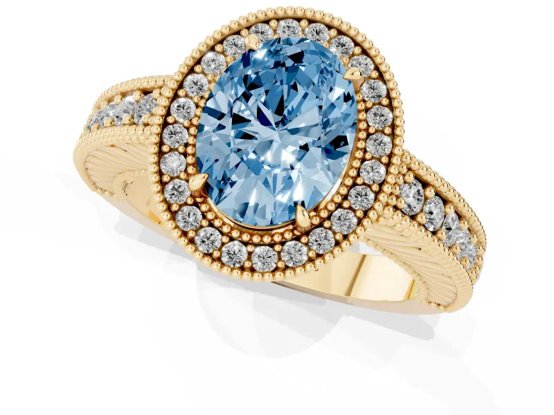 Fancy Blue Oval Cut Diamond Halo Ring Set in Yellow gold with Round Accent Halo, Pavé Band and Prong Setting