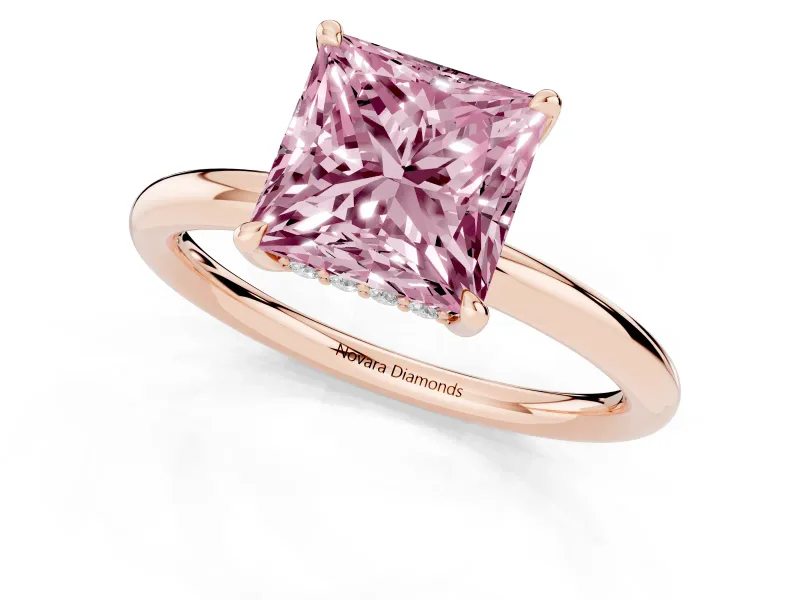 Fancy Pink Princess Cut Diamond Solitaire Ring Set in Rose gold with Thin Band and Prong Setting