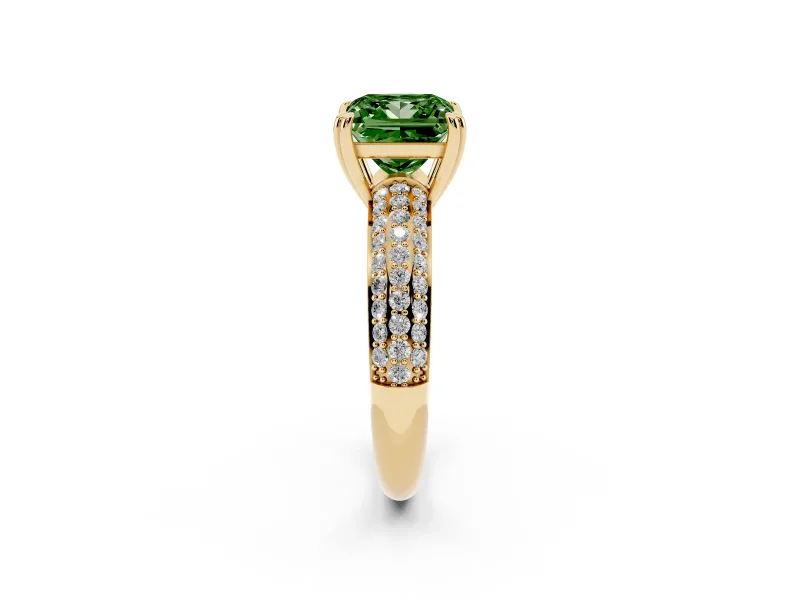 Princess Cut Three Row Pave Engagement Ring Setting for a Fancy Green Lab-Grown Diamond | Double Claws | Yellow Gold