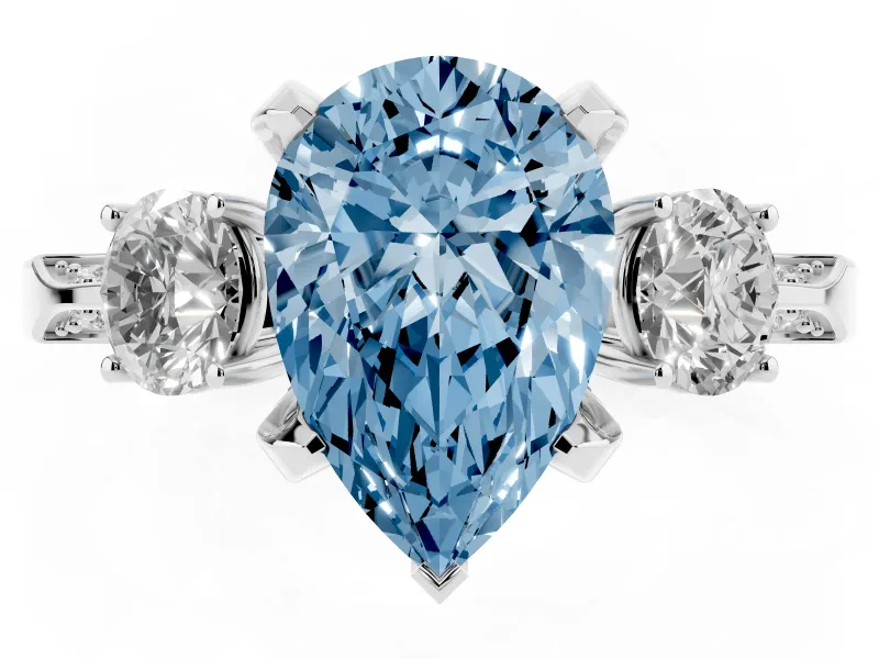 Pear-Shaped Hidden Halo Three Stone Engagement Ring Setting for a Fancy Blue Lab-Grown Diamond | Pave Gallery | Platinum
