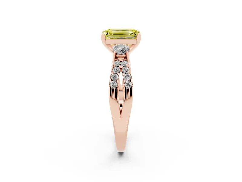 Fancy Yellow Emerald Cut Diamond Three-Stone Ring Set in Rose gold with Pavé Split Shank and Prong Setting
