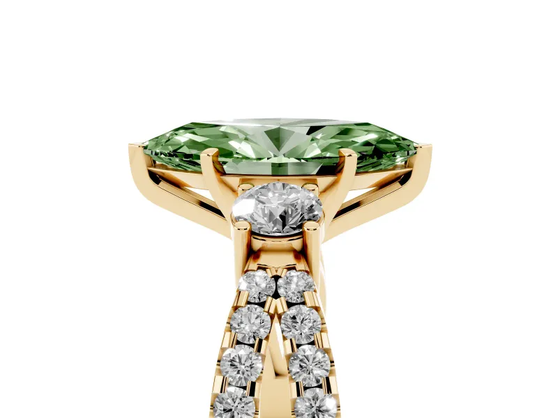 Fancy Green Marquise Cut Diamond Three-Stone Ring Set in Yellow gold with Pavé Split Shank and Prong Setting