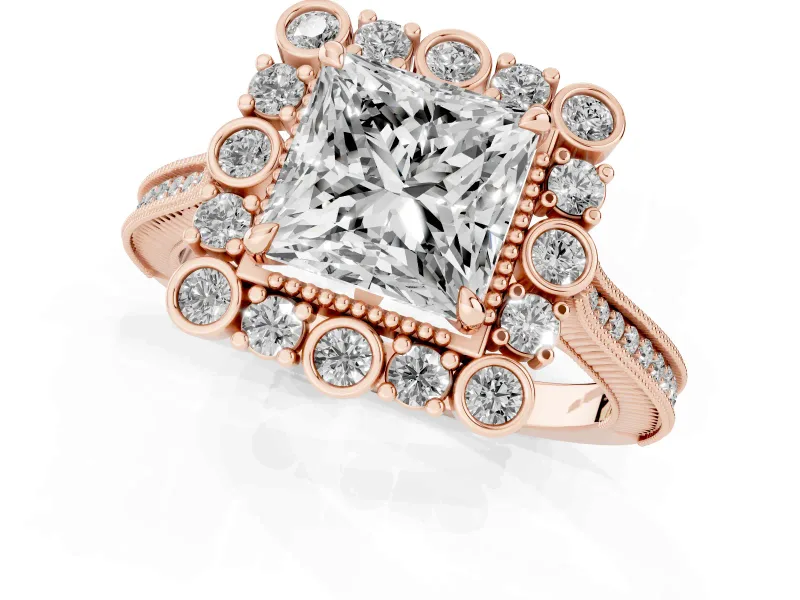 Princess Cut Diamond Halo Milgrain Pavé Ring Set in Rose gold with Prong Setting