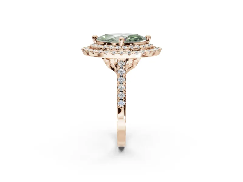 Fancy Green Marquise Lab-Grown Diamond Double Halo Statement Ring Set in Rose Gold with Pavé Band