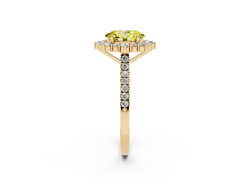 Oval Scalloped Halo Engagement Ring Setting for a Fancy Yellow Lab-Grown Diamond | Single Row Pave | Yellow Gold