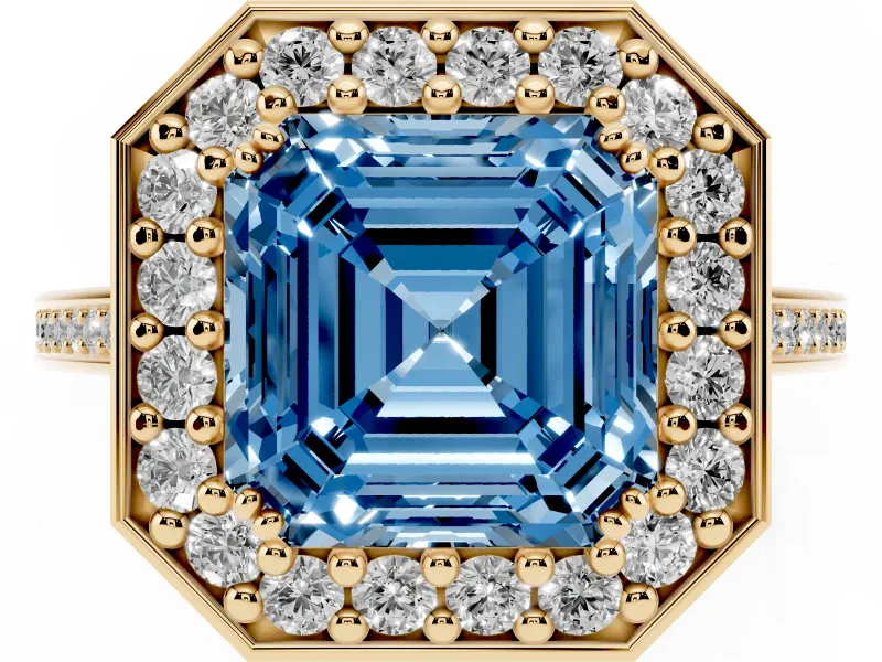 Asscher Cut Halo Engagement Ring Setting for a Fancy Blue Lab-Grown Diamond | Polished Halo Rim | Yellow Gold
