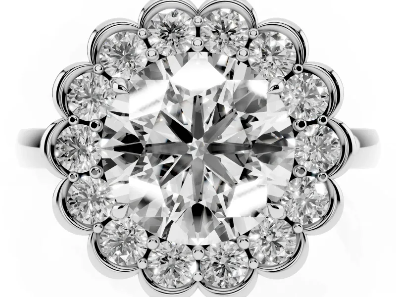 Round Scalloped Cluster Halo Engagement Ring Setting | Plain Band | Sterling Silver