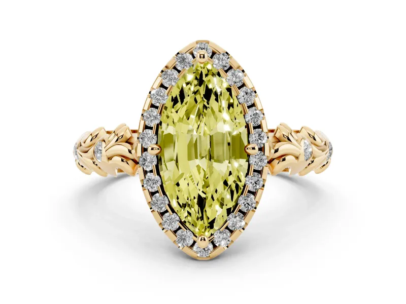 Fancy Yellow Marquise Cut Diamond Halo Ring Set in Yellow gold with Filigree Leaf Band and Prong Setting