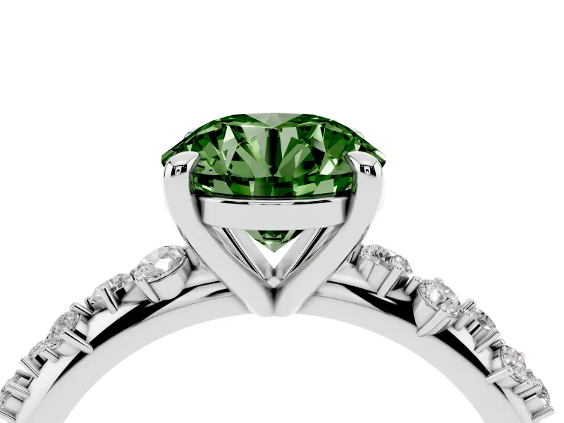 Fancy Green Round Cut Diamond Solitaire Vine Band Ring Set in Silver with Round Accents and Prong Setting
