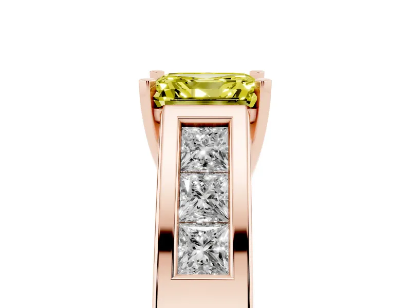 Fancy Yellow Asscher Cut Diamond Solitaire Ring Set in Rose gold with Channel-Set Accent Stones and Prong Setting
