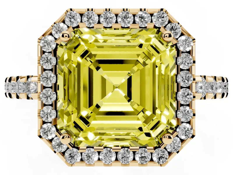 Asscher Cut Pave Halo Engagement Ring Setting for a Fancy Yellow Lab-Grown Diamond | Yellow Gold