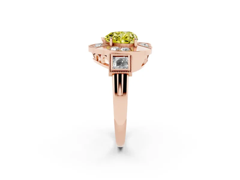 Heart-Shaped Milgrain Sectioned Halo Engagement Ring Setting for a Fancy Yellow Lab-Grown Diamond | Rose Gold