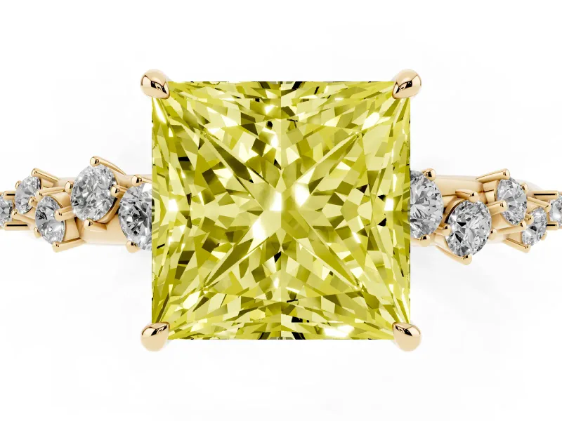 Fancy Yellow Princess Cut Diamond Cluster Solitaire Ring Set in Yellow gold with Prong Setting