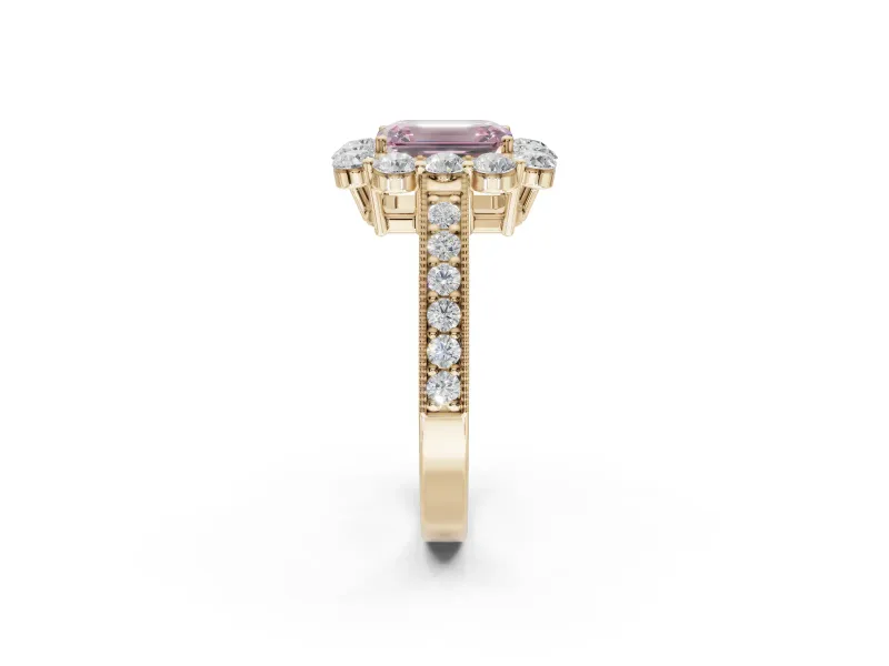 Emerald Cut Vintage Halo Engagement Ring Setting for a Fancy Pink Lab-Grown Diamond | Yellow Gold