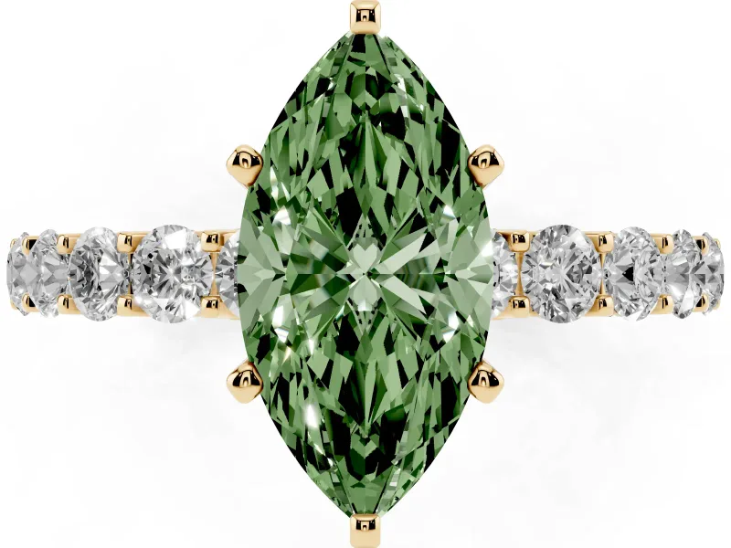 Fancy Green Marquise Cut Diamond Solitaire Ring Set in Yellow gold with Shared Prong Pavé Band