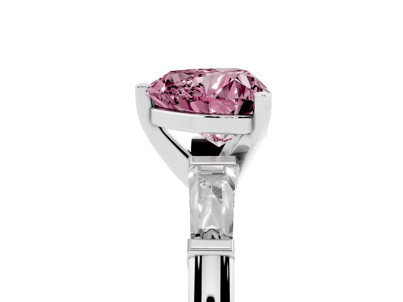 Heart-Shaped Three Stone Engagement Ring Setting for a Fancy Pink Lab-Grown Diamond | Tapered Baguettes | Platinum