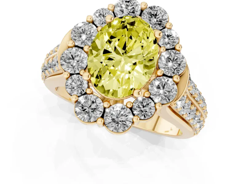 Fancy Yellow Oval Cut Diamond Halo Engagement Ring Set in Yellow gold with Split Shank and Prong Setting
