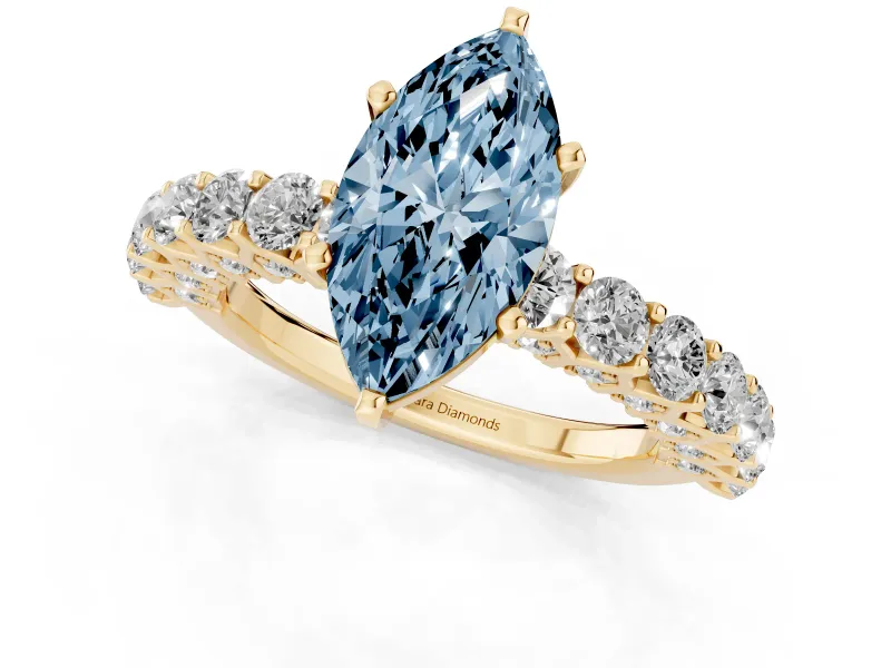 Fancy Blue Marquise Cut Diamond Solitaire Ring Set in Yellow gold with Shared Prong Pavé Band