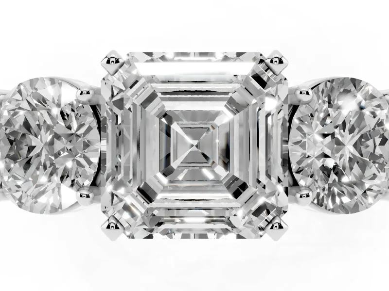 Asscher Cut Three Stone Engagement Ring Setting | Wide Plain Band | Platinum