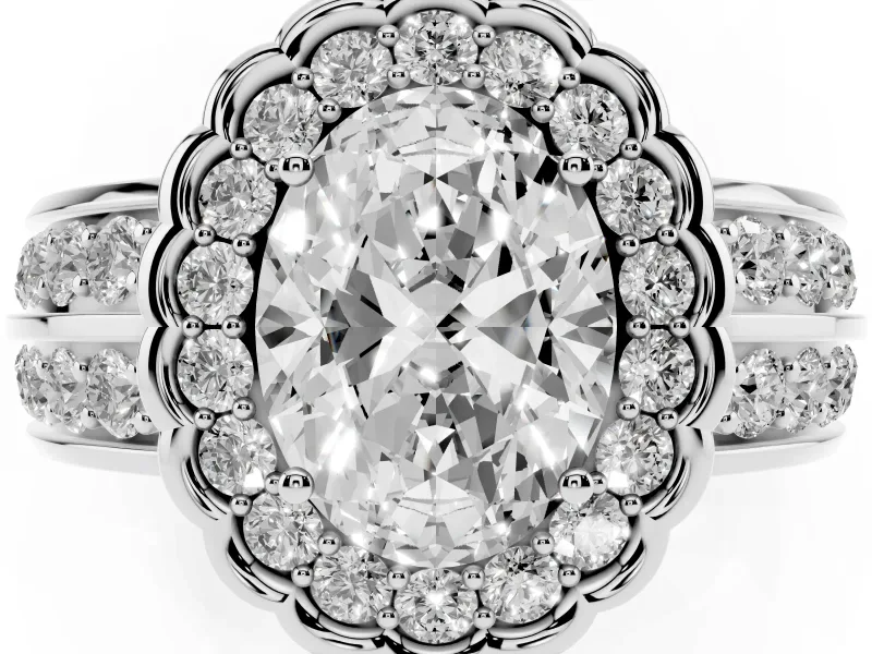 Oval Cut Diamond Scalloped Halo Ring Set in Silver with Pavé Split Shank
