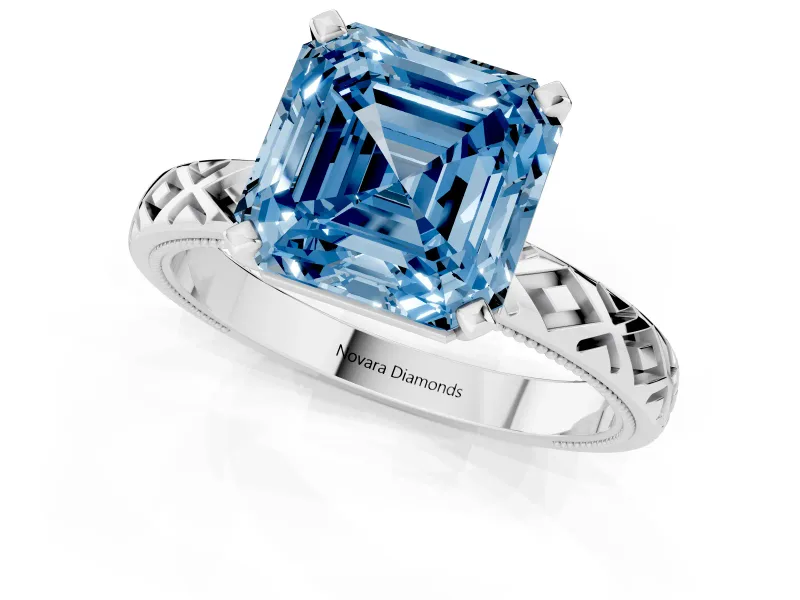 Fancy Blue Asscher Cut Diamond Solitaire Ring Set in White gold with Milgrain and Black Enamel X Pattern Band