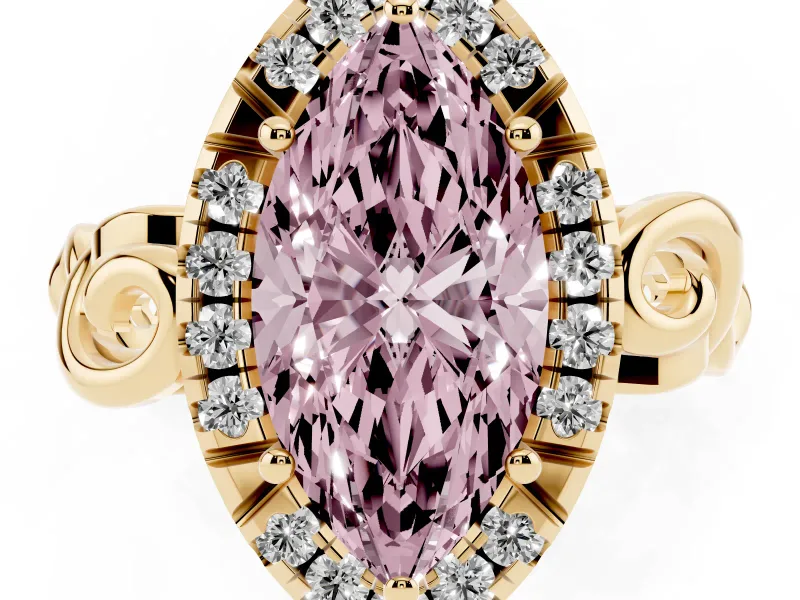 Fancy Pink Marquise Cut Diamond Halo Ring Set in Yellow gold with Scrollwork Band and Prong Setting