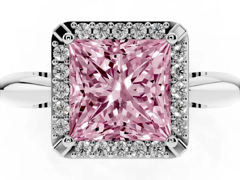 Fancy Pink Princess Cut Diamond Halo Engagement Ring Set in Platinum with Plain Split Shank and Prong Setting