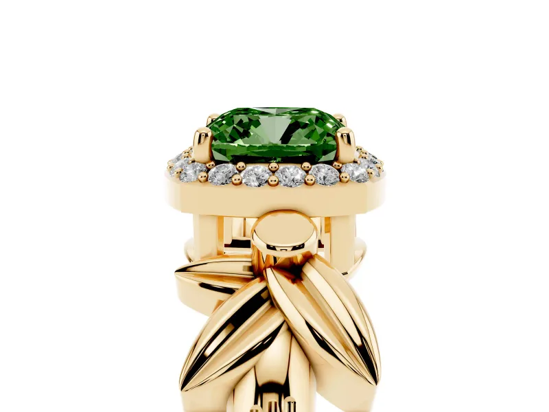 Cushion Cut Floral Halo Engagement Ring Setting for a Fancy Green Lab-Grown Diamond | Yellow Gold