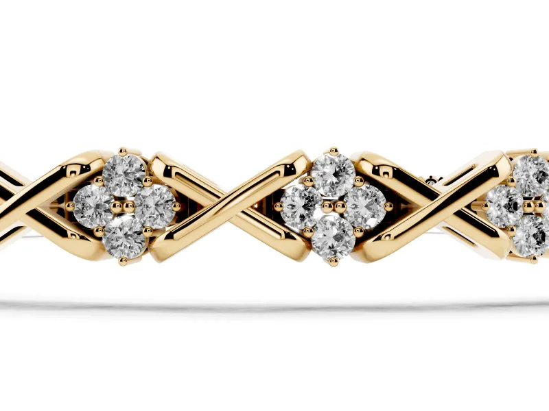 Round Lab-Grown Diamond Cluster Tennis Bracelet | Crossed X Links | Yellow Gold