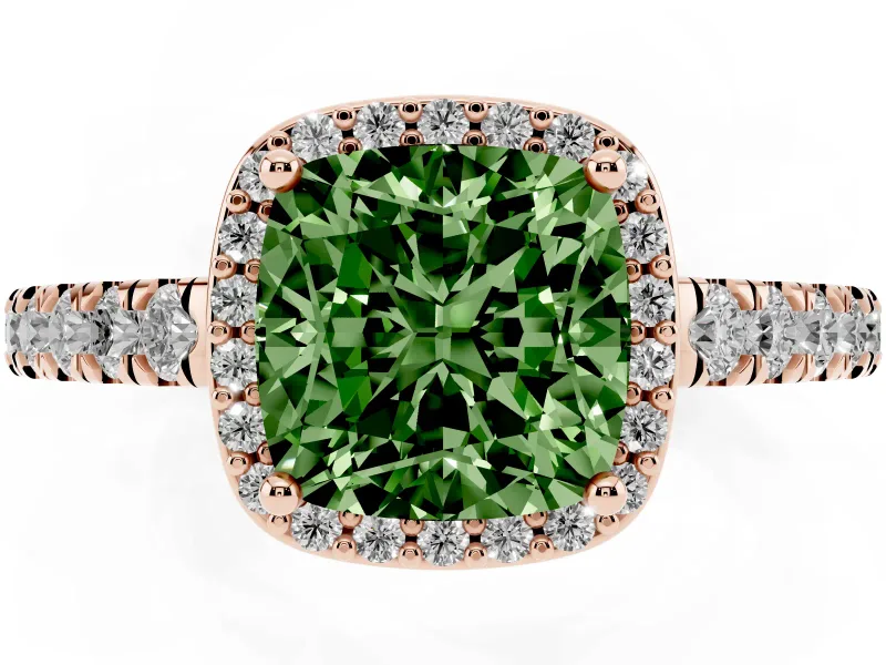 Fancy Green Cushion Cut Diamond Halo Engagement Ring Set in Rose gold with Pavé Band and Prong Setting