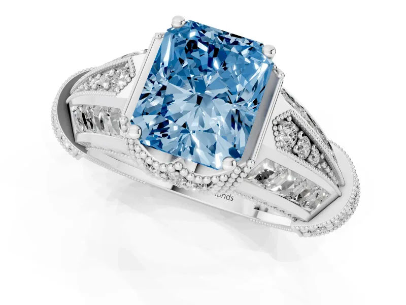 Fancy Blue Radiant Cut Diamond Vintage-Inspired Milgrain Ring Set in White gold with Accent Split Shank
