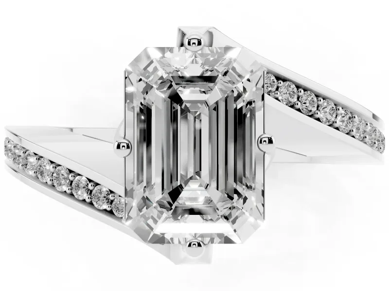 Emerald Cut Bypass Pavé Solitaire Engagement Ring Setting | Angled Head | Platinum