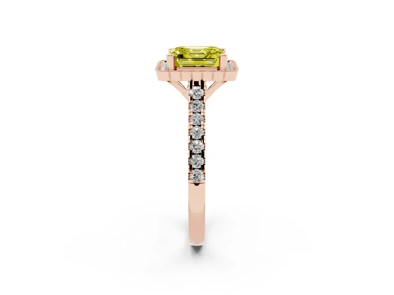 Asscher Cut Milgrain Floral Halo Engagement Ring Setting for a Fancy Yellow Lab-Grown Diamond | Pavé Band | Rose Gold