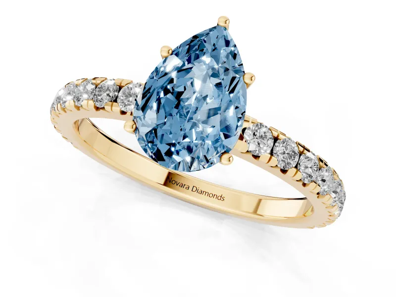 Pear-Shaped Pave Solitaire Engagement Ring Setting for a Fancy Blue Lab-Grown Diamond | Shared Prong Band | Yellow Gold