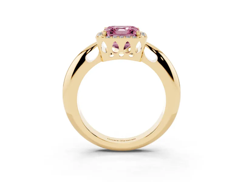 Fancy Pink Asscher Cut Diamond Halo Engagement Ring Set in Yellow gold with Plain Split Shank and Prong Setting