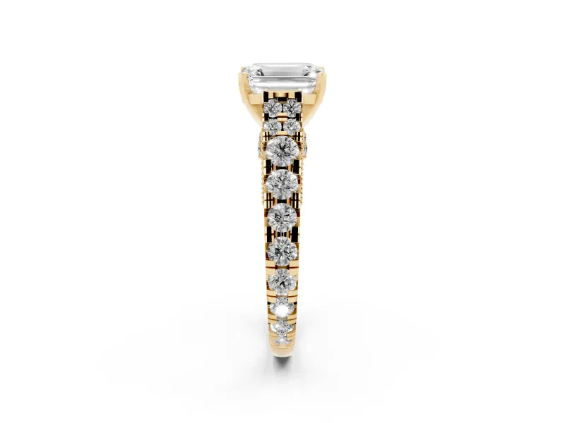 Emerald Cut Diamond Classic Solitaire Ring Set in Yellow gold with Pavé Band and Prong Setting