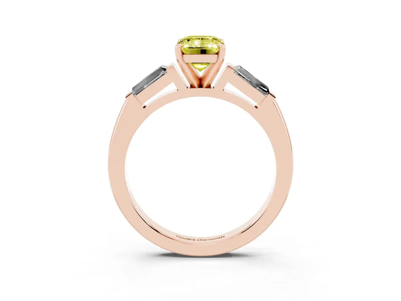 Fancy Yellow Emerald Cut Diamond Solitaire Ring Set in Rose gold with Tapered Baguette Side Stones and Prong Setting