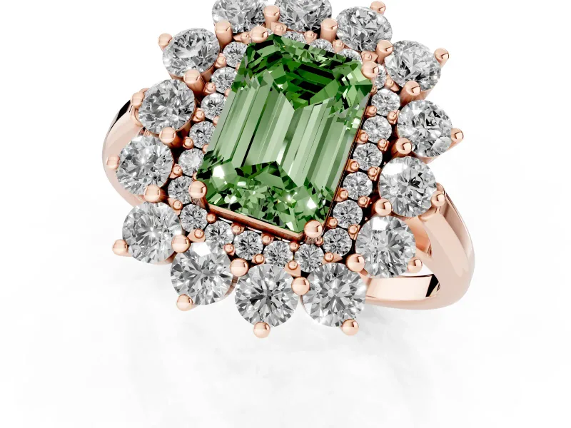 Emerald Cut Floral Double Halo Engagement Ring Setting for a Fancy Green Lab-Grown Diamond | Plain Band | Rose Gold