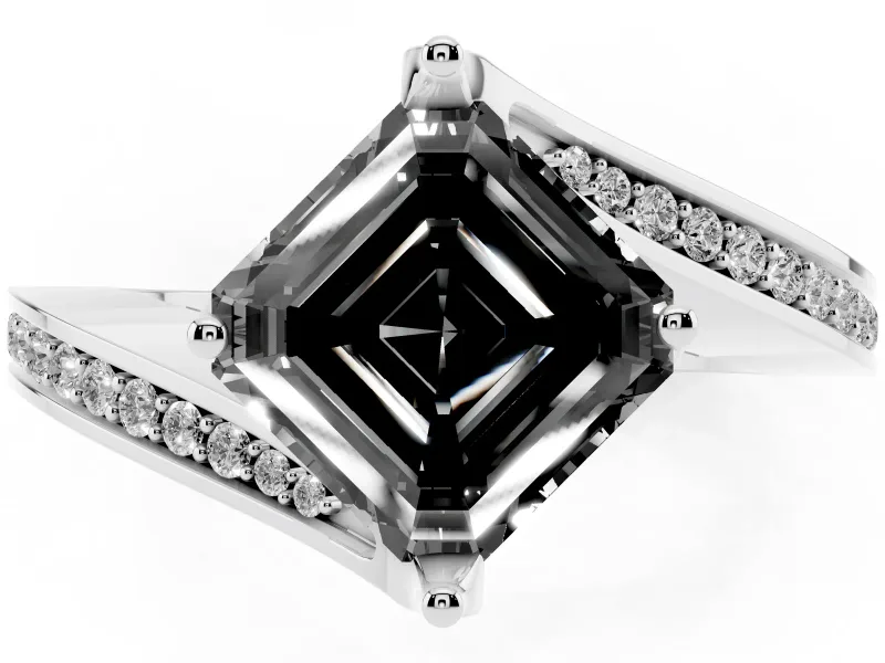 Asscher Cut Bypass Pavé Engagement Ring Setting for a Black Center | Swept Shoulders | Platinum