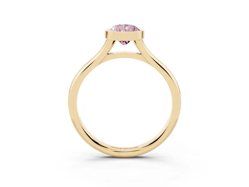 Fancy Pink Bezel Set Pear Cut Diamond Solitaire Ring Set in Yellow gold with Tapered Band