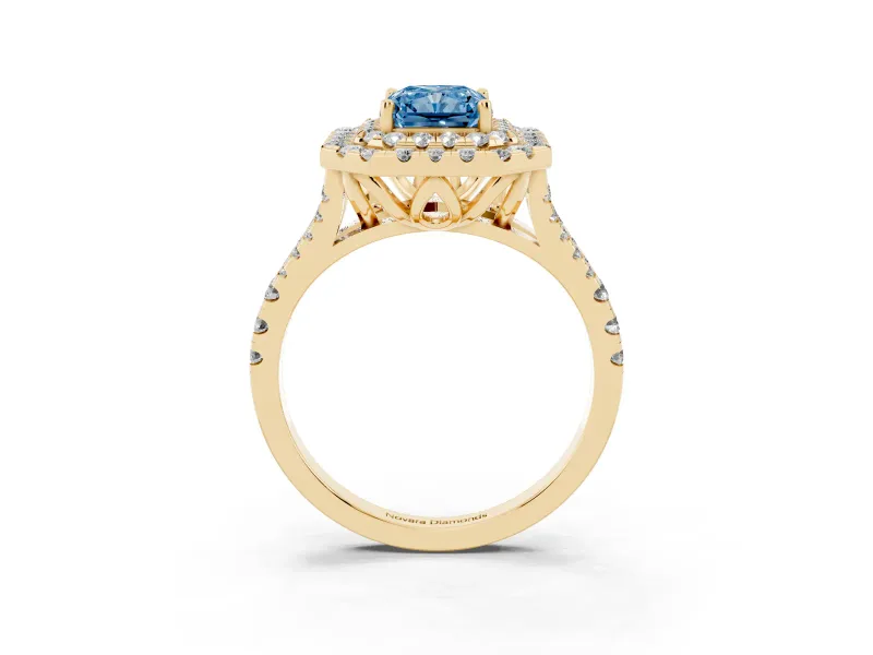 Radiant Cut Halo Split Shank Engagement Ring Setting for a Fancy Blue Lab-Grown Diamond | Pavé Strands | Yellow Gold