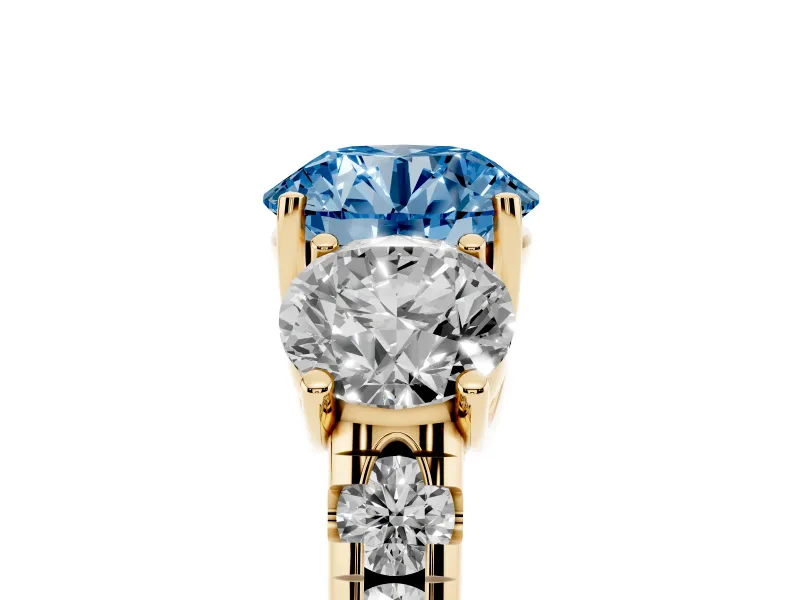Round Three Stone Engagement Ring Setting for a Fancy Blue Lab-Grown Diamond | Accented Shoulders | Yellow Gold