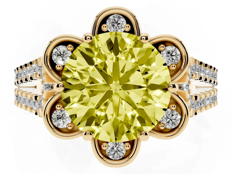 Round Floral Halo Engagement Ring Setting for a Fancy Yellow Lab-Grown Diamond | Pavé Split Shank | Yellow Gold