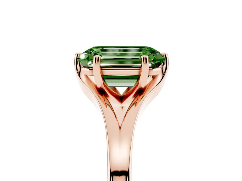Fancy Green Emerald Cut Diamond Solitaire Ring Set in Rose gold with Polished Tapered Band and Prong Setting