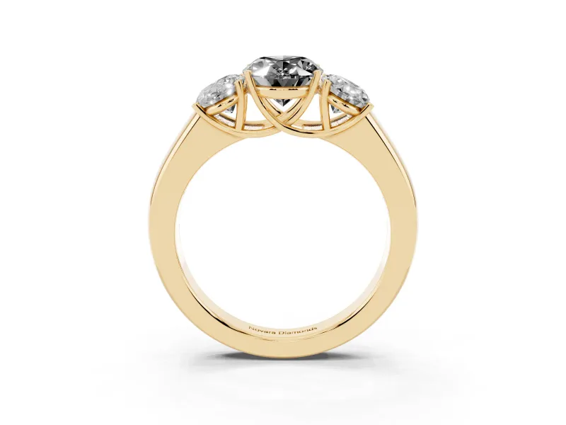 Fancy Black Three-Stone Oval Cut Diamond Ring Set in Yellow gold with Matching Prong Settings and Plain Band